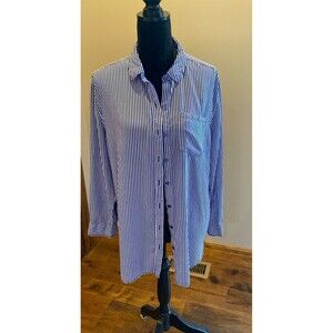 Grand & Greene Button Down Blouse Plus Size XL Blue White Stripes Collar Pocket